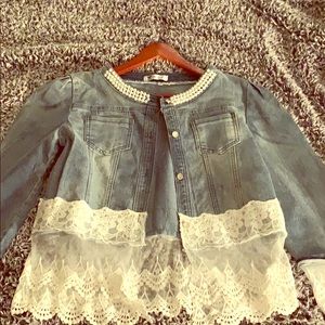 Jean jacket with pearls, and lace.